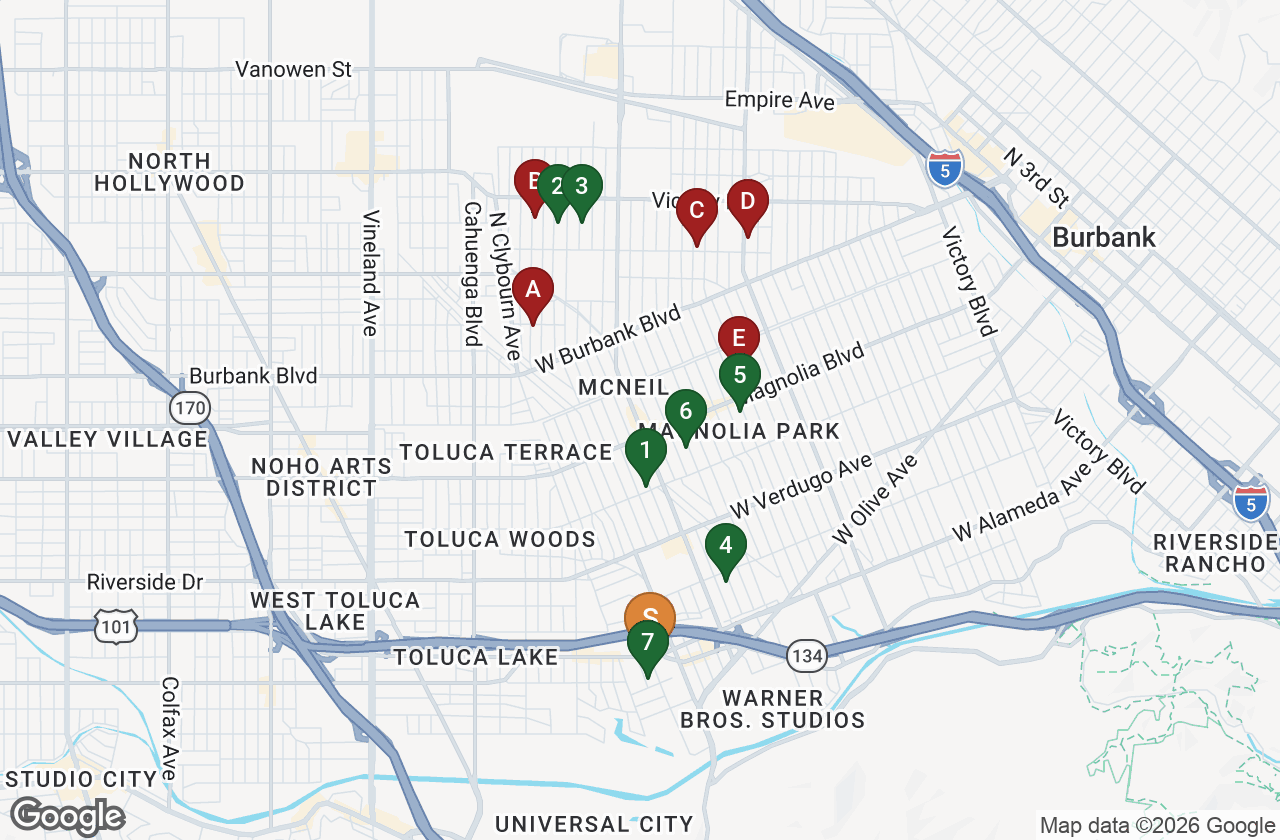 As-is comp map — green pins closed sales, red pins actives, S subject