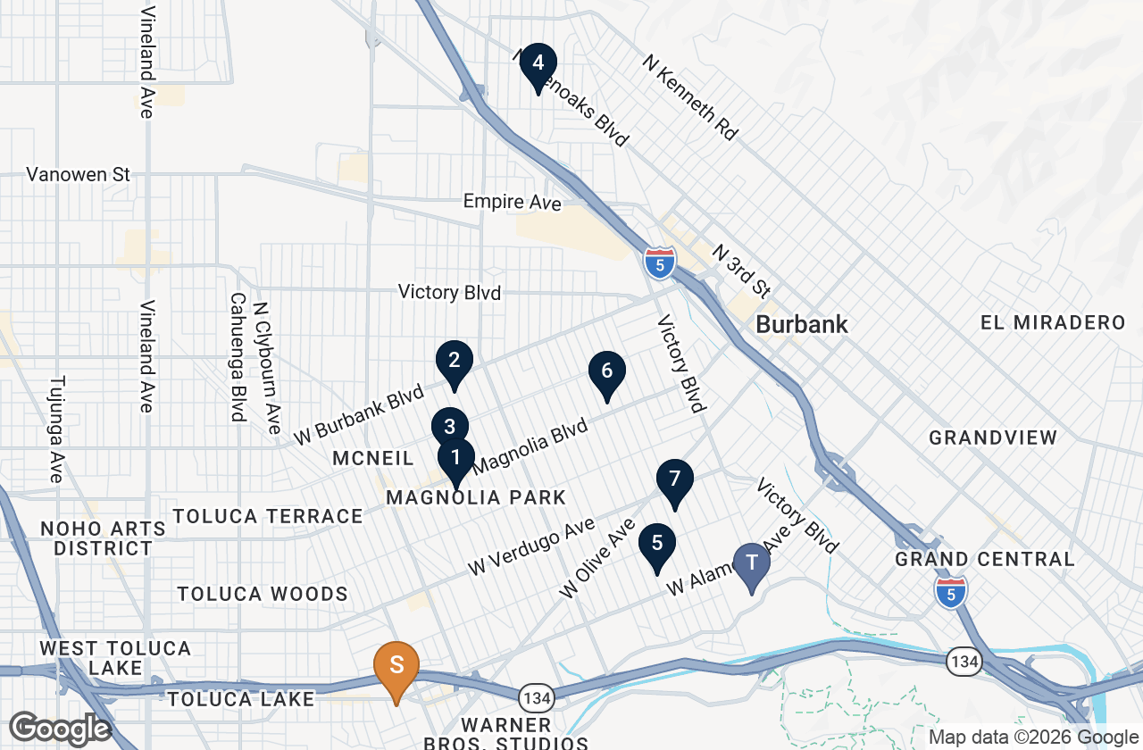 New-construction comp map — navy pins 1-7 detached sales, T townhome community, S subject